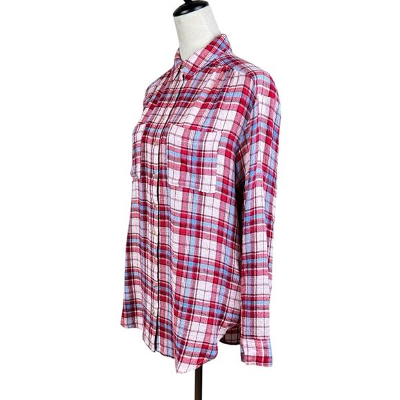 Anthropologie Pilcro Red Blue Pink Plaid Soft Knit Long Sleeve Button Up Shirt - Picture 2 of 11
